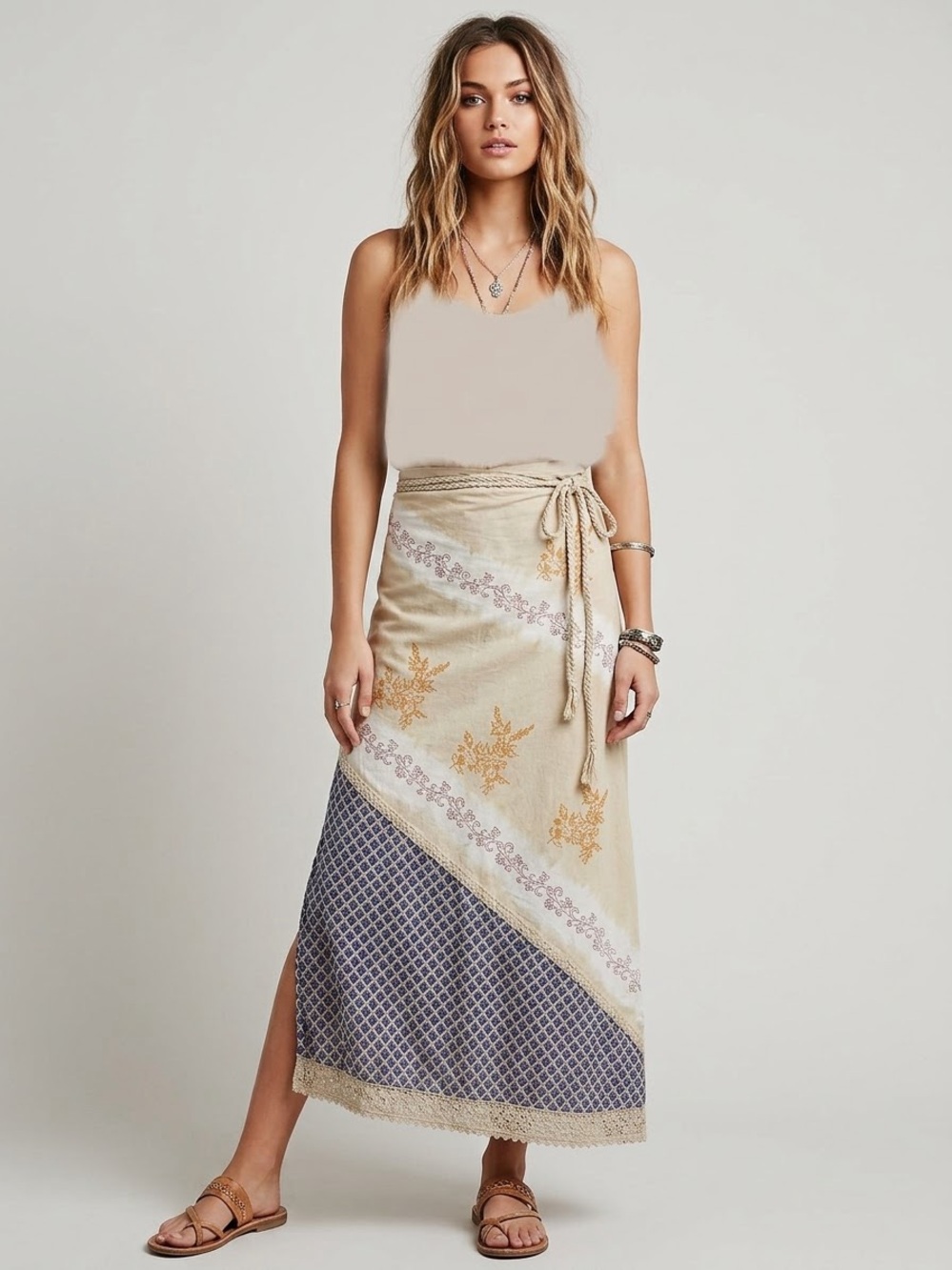 Boho Cream Maxi Skirt with Orange Floral & Blue Geometric Panel